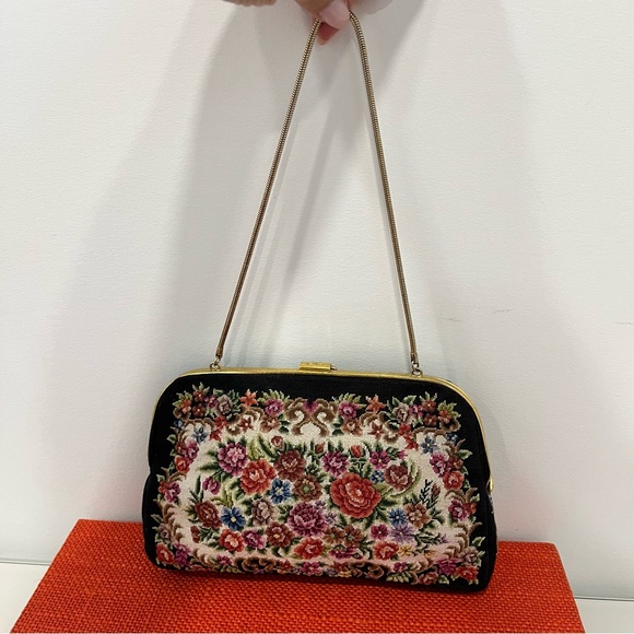 Vintage Petite Point Black Floral Needlepoint Bag with Jade-like Stone Clasp - Picture 5 of 16